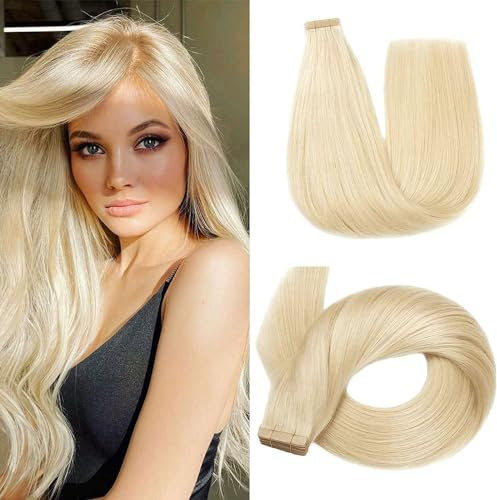 HotLulana Tape Extensions Echthaar Platinblond(#60) Extensions Echthaar 14zoll/35cm 40g Invisible Remy 100% Natürliche Tape in Extensions Echthaar 20pcs Skin Weft Tape Ins Extensions.