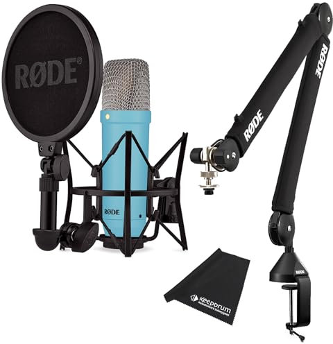 Rode NT1 Signature Blue Microphone de studio bleu, trépied PSA-1+ Plus à bras articulé noir, chiffon en microfibre Keepdrum