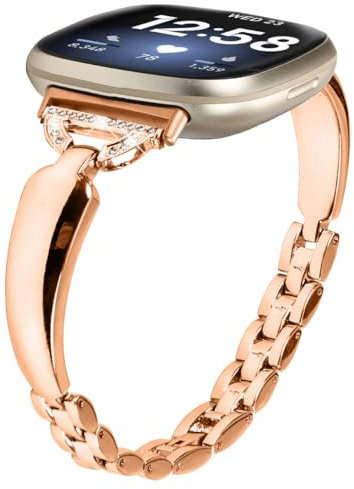 Miimall Zinc Alloy Strap for Fitbit Versa 4/Versa 3/Fitbit Sense 2/Sense Band, Bling Rhinestone Wristband, No Gap Metal Band for Fitbit Versa 4, Adjustable Replacement Strap for Women Girl-Rose Gold