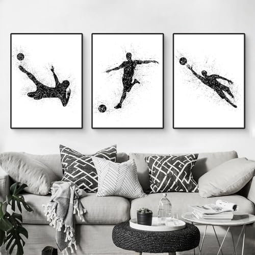 Herfair 3 Stück Moderne Bunt Fußball Poster Set, Schwarz und Weiß Kunstdruck Bilder, Kinderzimmer Wohnzimmer Wandbilder Wanddeko für Teenager Jungen, Ohne Rahmen (Schwarz und Weiß Fußball,30x40cm)