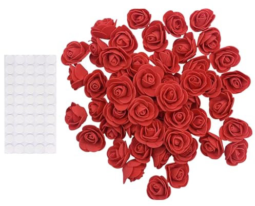 FSSTUD Lot de 100 mini roses artificielles en mousse PE de 3 cm, petites têtes de roses artificielles en mousse, petites fleurs à dos plat faites à la main avec autocollants ronds double face pour