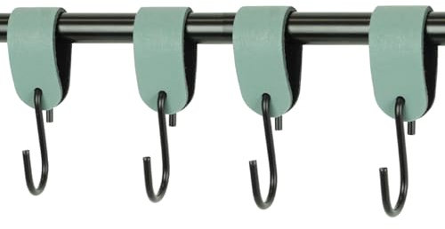 Handles and More - 4 x S Haken für Kleiderstangen - Blassgrün - Größe M - für max. Durchmesser 38mm - Kleiderhaken mit Lederschlaufe - Garderobenhaken aus echtem Leder - Fleischerhaken für Garderobe
