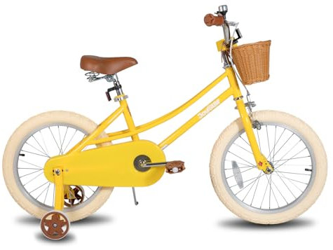 JOYSTAR 18 Zoll Kinderfahrrad für Kleinkinder 6-9 Jahre Mädchen, Mädchenfahrrad mit Stützrädern & Korb, Kinderfahrrad,gelb