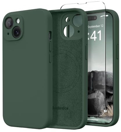 SuydanBox Magnetic for iPhone 15 Case, Compatible with MagSafe, [Screen Protector + Full Camera Protection], Silicone Shockproof Anti-Scratch Protective Phone Case for iPhone 15 6.1, Alpine Green