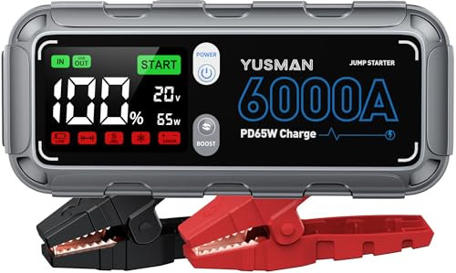 YUSMAN 8-in-1 Booster Avviamento Auto - 6000A e PD65W Portatile Avviatore Batteria Auto, Avviatore di emergenza, QC3.0, Luce 400 Lumen, Starter Batteria per ALL Gas/12.0L Diesel