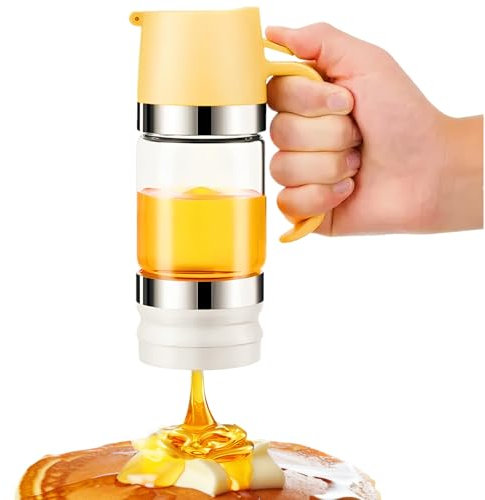 Qivine 11oz /315ML Honey Dispenser, No Drip Syrup Dispenser With Handle, Clear Glass Honey Jar Pot, High Borosilicate Class Honey Jar For Home Coffee Bar(Yellow)