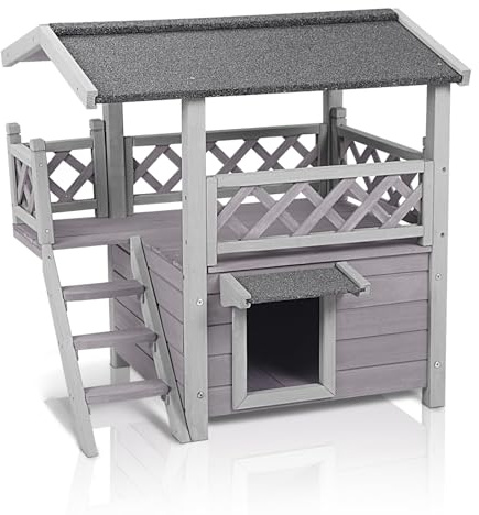 Seiyierr Outdoor＆Innenbereich Katzenhaus wetterfest draußen Im Freien verwilderte Katze Haus Zwei Stockwerke mit Wasserdichten Balkon Treppe