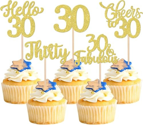 30 Stück 30th Geburtstag Tortendeko Glitzer Hello 30 Cheers to 30 Cupcake Toppers 30 & Fabulous Thirty Kuchen Deko für Prost auf 30 Geburtstag Jahrestag Party Kuchen Dekoration Gold