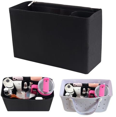Rubber Tote Organizer Insert Fit for Baby Bogg Bag, Black Felt Divider with Water Bottle Holder Compatible with Stanley Cup for Bogg Bag Accessories, Silicone Beach Tote Inserts Gifts for Women Medium