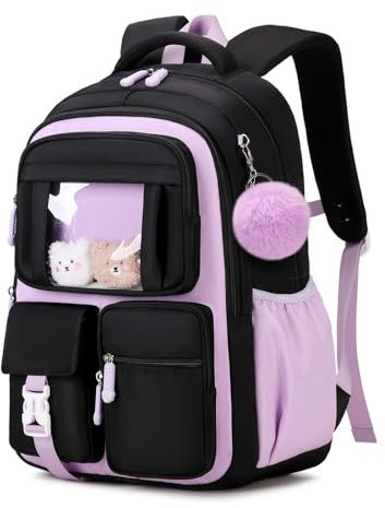 PIG PIG GIRL Kinder-Rucksack für Mädchen, Schultaschen für Mittelschule, Schüler, Büchertasche für Grundschule, Schwarz und Violett, Einheitsgröße