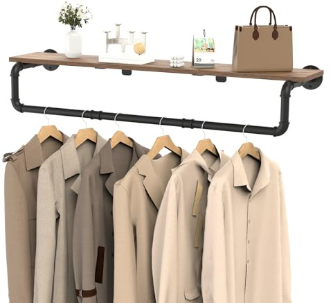YheenLf Wall Mounted Clothes Rail, Industrial Clothing Rack, 105x26x15cm | Hanger Rod with Shelf,Space Saving Display Hanging Rails,Clothes Racks for Bedroom,Livingroom,Easy Installation