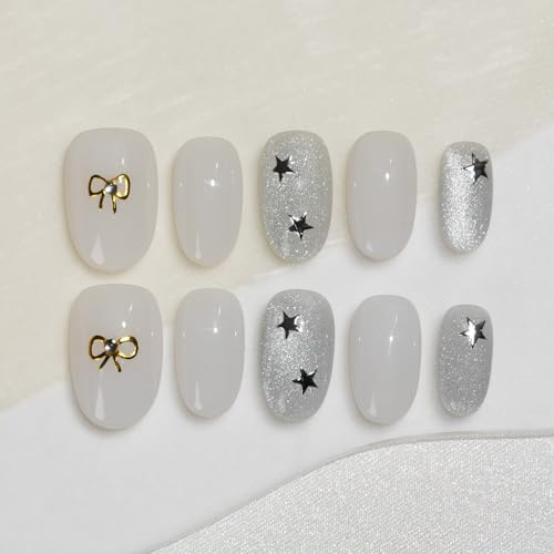 Sun&Beam Nails Handmade Press-on Medium Long Coffin Ballerina White Magnet Sweet Minimalist Design Fashion False Nail Tips 10 Pcs Set (#251 XS)