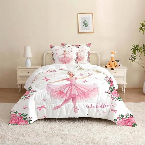 MUSOLEI Couette d'été 140x200 Enfant Fille Rose Ballet Nœud Papillon Fleurie Couette 1 Personne 3D Imprimée 4 Saisons pour Lit 90x190 Légère Été avec 2 Taies d'oreiller 65x65cm