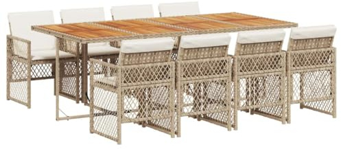 vidaXL Garten Essgruppe 9-TLG., Gartenmöbel Set mit Kissen, Gartengarnitur Tisch 8 Stühle, Sitzgruppe für Garten Terrasse, Beige Poly Rattan