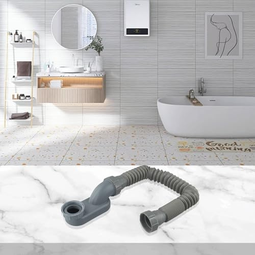 Vibsky ABS Bathtub Shower Drain Pipe with Flexible Low Profile P Trap for Freestanding or RV Tubs, Space-Saving Plumbing Fixture with Secure Water Seal, Gray