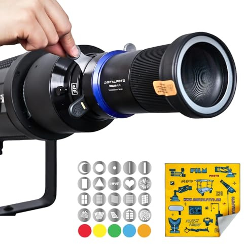 Spotlight Snoot Ottico Bowens 100SLENS-PLUS per Aputure Amaran 60D/100D/150C/300C, 600X Pro, Godox SL60 – 33° Grandangolo / 16° Tele, LED 300W, 20 Gobos e 5 Filtri