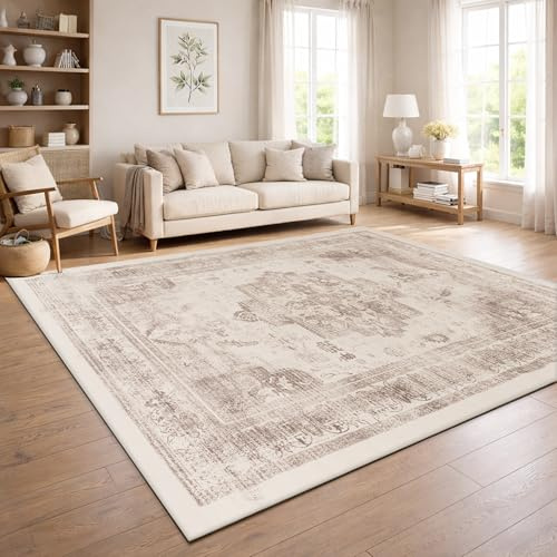 Paco Home Vintage Teppich Wohnzimmer Waschbar & rutschfest, pflegeleicht, modernes Retro Design im Boho Stil, Beige 2, 120x160 cm