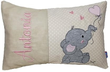 Personalisiertes Kissen zur Geburt und Taufe | Bestickt mit Namen und süßem Elefanten | Baumwolle (30cm x 50cm, Elefant mit Ballon)