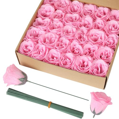 Hupiosy Pink Glitter Roses 30PCS Artificial Rose Flowers Faux Roses with Stems for DIY Wedding Bouquet Valentines Mothers Day Anniversary Graduation Decoration(Pink)