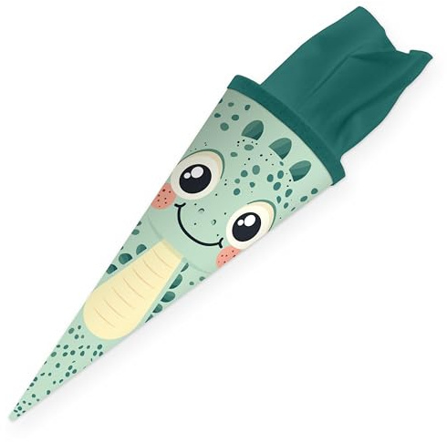 itenga Schultüte 35 cm Kawaii Tiere – Geschwister Schultüte mit Filzverschluss – kleine Zuckertüte Einschulung – Dino, Giraffe, Einhorn, Katze, Pinguin (Dino)