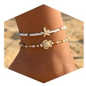Lot de 2 Bracelets de Cheville Femme en Perles, Anklets Bohème avec Tortue et Étoile de Mer, Bijoux d'Été Plage, Bracelets Cheville pour Femme, Bracelet Coquillage Blanc, Style Plage et Vacances