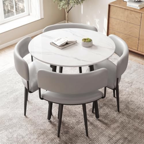 Essgruppe Set Tisch und Stühle, Runder Esstisch mit 4 Stühlen, Küchetisch aus Sinterstein Tischplatte mit Gepolsterten Stühlen, Tisch und 4 Stühle für Küche, Wohnzimmer, Restaurant (Weiß, Hellgrau)