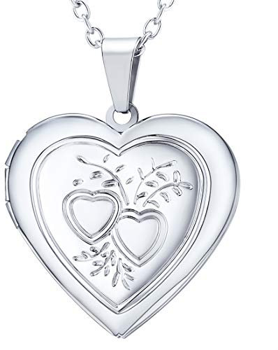 U7 Collier Porte Photo Coeur Femme Platiné Chaîne Pendentif Ouvrable avec Motifs Double Coeurs et Branches