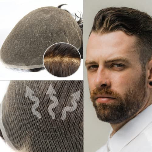 Hairnotion Männer Perücke Braun Echthaar Super Unsichtbare Volle Schweizer Spitze Basisgröße 8 “X 10” Toupet für Männer (3#)
