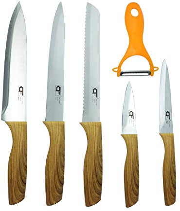 EUROXANTY Set 5 Cuchillos y pelador | Cuchillos de Acero Inoxidable | Hojas de Corte preciso | Pelador de Verduras | Cuchillo de Sierra | Mango ergonómico Madera