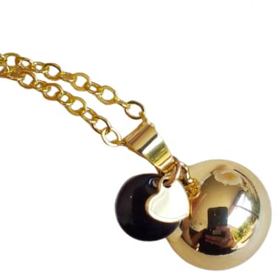 Bola de grossesse doré – Plaqué or jaune avec breloque cœur et sequin noir – Création artisanale Naïris Bijoux – Bijou femme enceinte avec Chaîne longue