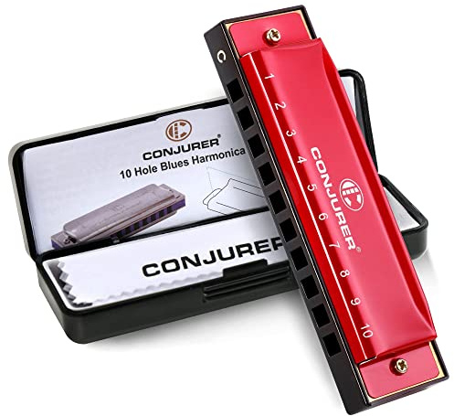 CONJURER 10 Hole C Key Diatonic Blues Harmonica, Metal Mouth Organ Red | Brass Reed with Hard Storage Case, Harmonica for Beginners, Adults & Amateur Gifts, Fits Blues Folk Rock Playing