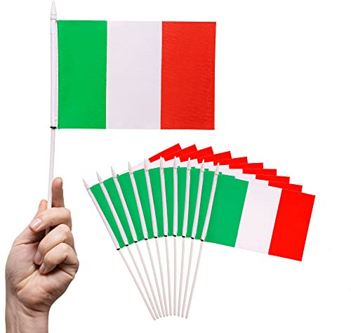 PHENO FLAGS Italien Handflagge - 10 pro Set - Fahne 12x20 cm - mit 30cm Flaggenstab & 75 D Polyester Stoff - Die Tischflagge ist ein toller Hingucker für eine Abschieds- oder Mottoparty