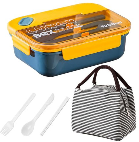 Tohoee Scatole Bento 1250ml Bento Box Ermetico Senza BPA con 3 Scomparti e Posate Porta Pranzo da Ufficio Scuola Sicuri per Microonde e Lavastoviglie per Adulti e Studenti