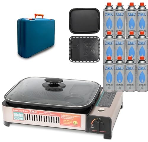 Z.M.C 2-in-1 tragbarer Gaskocher & Gasgrill 2,1kW mit 12x Gaskartuschen 227g inkl. Grillplatte, Pfanne, Glasdeckel & Koffer – Campingkocher & Tischgrill mit Piezo-Zündung für Outdoor, innen & außen