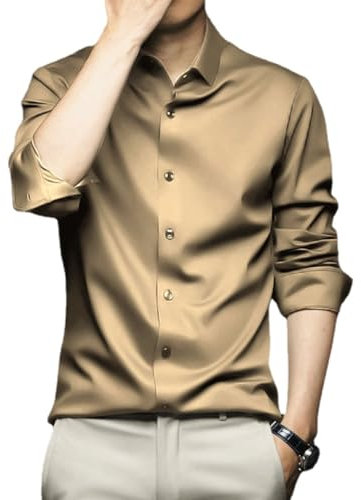 WINDEHAO Chemise classique infroissable pour homme, chemise habillée à manches longues et boutons, jaune, XXL