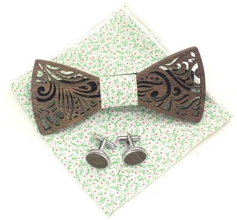 Cyriacus Fliege Set Holz, enthält Papillon und Manschettenknöpfe, Quadratisches Halstuch (3 PCS), Einzigartiges durchbrochenes Design, Geeignet für die Verwendung in mehreren Szenen