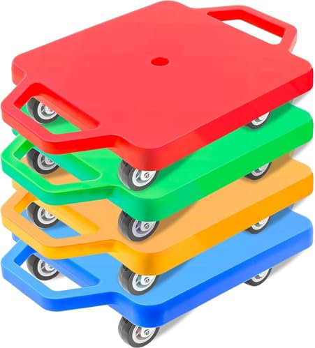 4 Pieces Sports Scooter Board with Handles Plastic Casters Floor Sitting Scooter Board for Gym Indoor Outdoor Activities Play Equipment