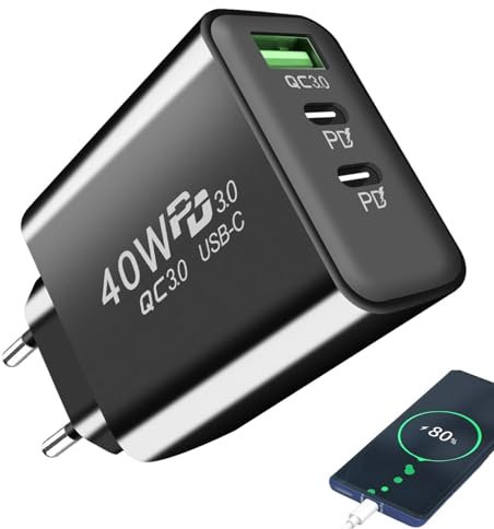 Caricabatterie Rapido Usb C Da 40 W - Caricabatterie Rapido USB C, Caricabatterie Super Veloce 3 Porte | di ricarica tipo C con presa USB, adattatore di alimentazione PD ignifugo per