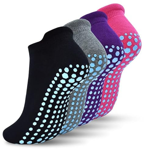 DECOVICI Yoga Damen Socken, Pilates Stoppersocken ABS Antirutschsocken mit Noppen für Barre, Tanz, Ballett, Kampfsport, Trampolin, Fitness 4 Paar(Schwarz + Grau + Rosa + Lila, L)