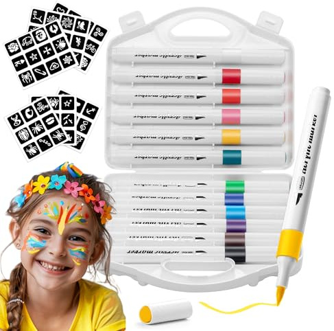 ACCloud Pennarelli acrilici in 12 colori + kit di stencil per tatuaggi, pennello flessibile, di alta qualità, per legno, tela, pietra, pittura su roccia, vetro, superfici in ceramica, forniture per il