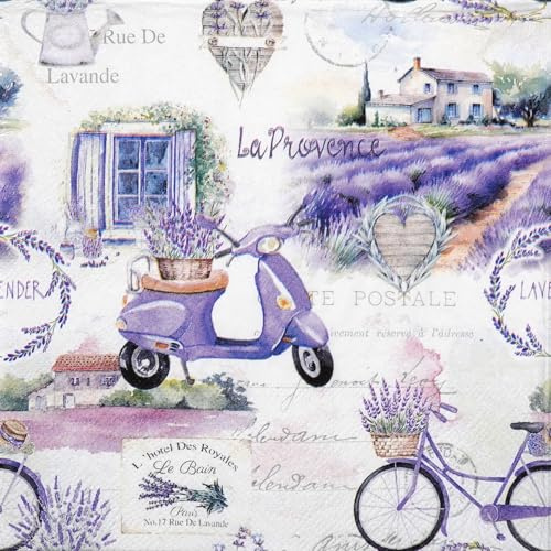 20 Servietten Natur Motorroller und Fahrrad mit Lavendel als Tischdeko. Papierservietten mit Motiv. Auch für Decoupage und Serviettentechnik 33x33cm