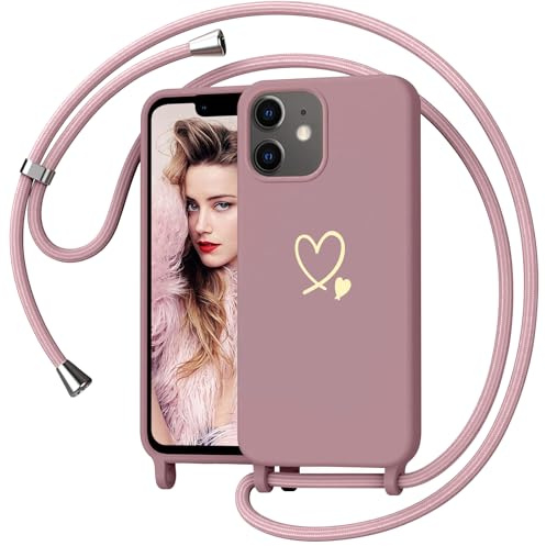 Yichxu Handyband für iPhone 12 Mini Hülle mit Band, Herz Design Necklace Handyhülle zum Umhängen Kordel, Stoßfest Schutzhülle mit Kette, Weich TPU Liquid Silikon Case für iPhone 12 Mini, Rosa