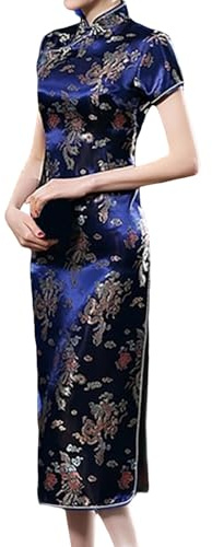 Générique Robe élégante Allaitement Chinois Vintage Cheongsam Brodé à Manches Courtes Longues pour Femme Traditionnelle Qipao Casual Modèle Dragon et Phoenix Asiatique pour Cérémonie Soirée pour