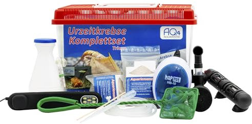 AQ4Aquaristik Triops longicaudatus (rot) Premium Komplett-Set mit Urzeitkrebs Eiern, 6 l Becken, LED-Beleuchtung, Zuchtansatz, Heizung, Filter, Luftpumpe, Kescher, Futter, Zubehör, Anleitung,