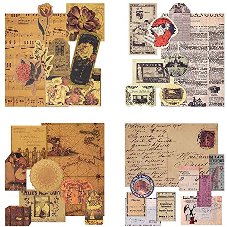 Mayplous 4 Packungen Vintage Muster Papier Set Scrapbook Papier Dekoratives Papier Kraftpapier mit Druck einseitig in verschiedenen Größenin und Formen für Kartenherstellung Papierhandwerk (Artistic)