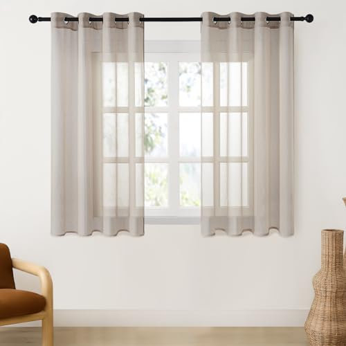 CUTEWIND Vorhänge Beige Kurz mit Ösen, Vorhang Transparent Gardinen Wohnzimmer Modern Kurz 2er Set 145 cm Lang, 140 cm Breit, Gardinen Schals Kurze Gardine Küche Fenster Sheer Curtains