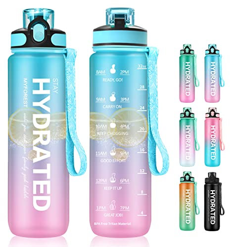 MYFOREST Botella Agua Deportiva 1L Botella Agua Prueba de fugas, Botella Deportiva Tritan de Plástico Sin BPA, Botella Motivacional Marcador de Tiempo para Hogar y Exterior