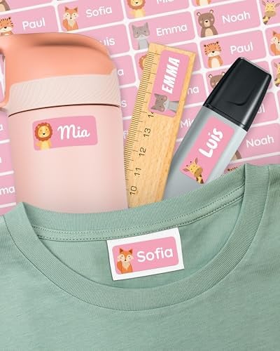 melu kids® Namensaufkleber für Kinder - Kleidung & Gegenstände (60 Stück) Kita/Schule - Namensschilder für Kleidung waschmaschinenfest und personalisiert (rosa)