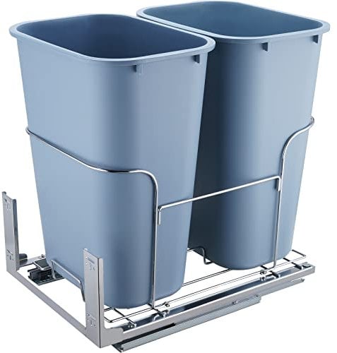 VEVOR Pull-Out Trash Can, 35Lx2 Double Bins, Under Mount Kitchen Waste Container with Slide and Door Mounting Kit, 110 lbs Load Capacity Heavy Duty Garbage Recycling Bin for Kitchen Cabinet, Sink