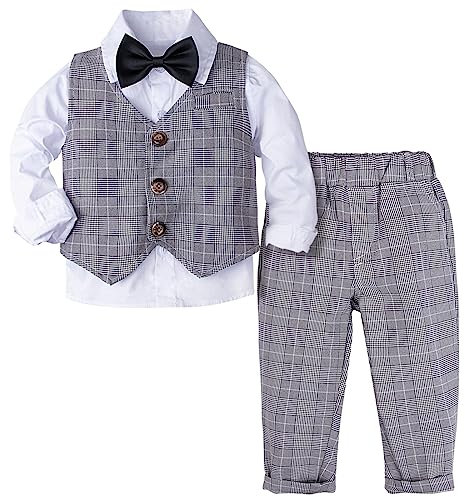 mintgreen Baby Anzug Junge, Kleinkind Taufe Outfit Gentleman Kleidungsset Lange Ärmel Shirt, Grau Plaid, 4-5 Jahre, 120